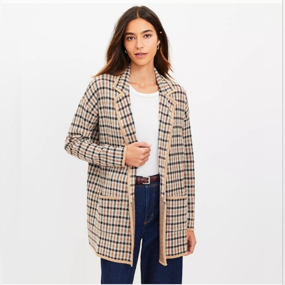 NWT Loft by Ann Taylor Houndstooth Style Plaid Open Sweater Blazer Size Large